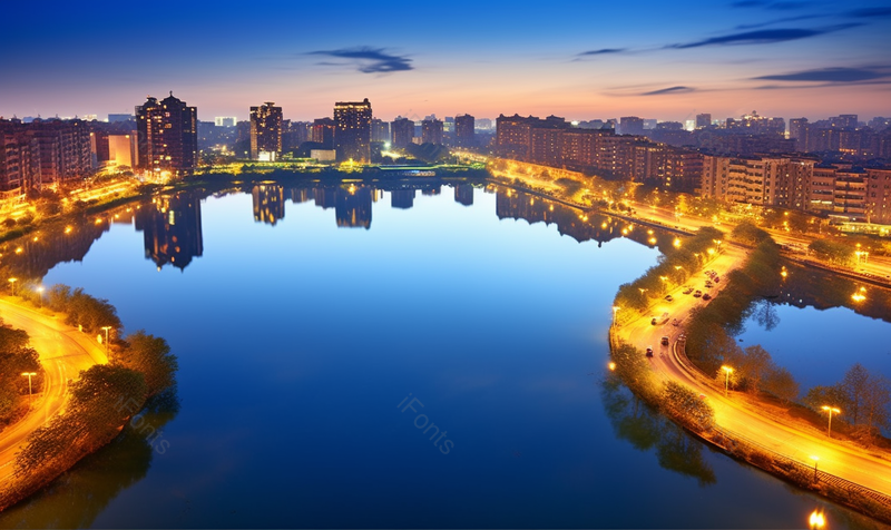 蓝色水池城市夜景城市景观建筑群城市摄影,高清,摄影图,摄影图片,图片大全,摄影图免费下载
